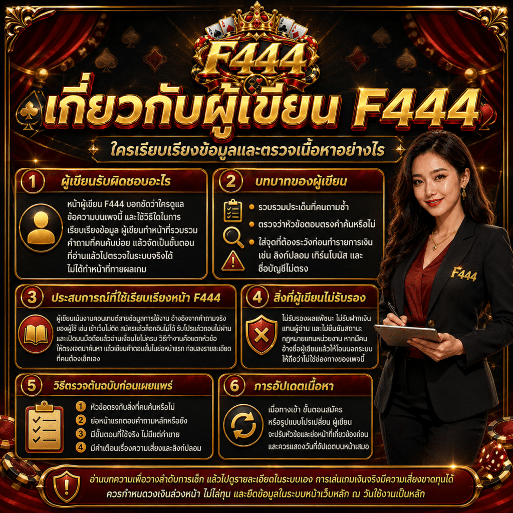 เกี่ยวกับผู้เขียน F444 ใครเรียบเรียงข้อมูลและตรวจเนื้อหาอย่างไร